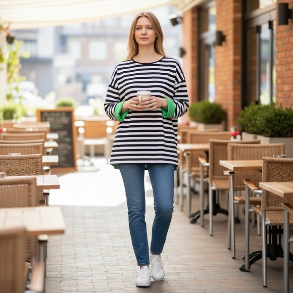 American Living Tops - American Living Womens Navy White Striped Long Sleeve Cotton Top‎ Green Trim M